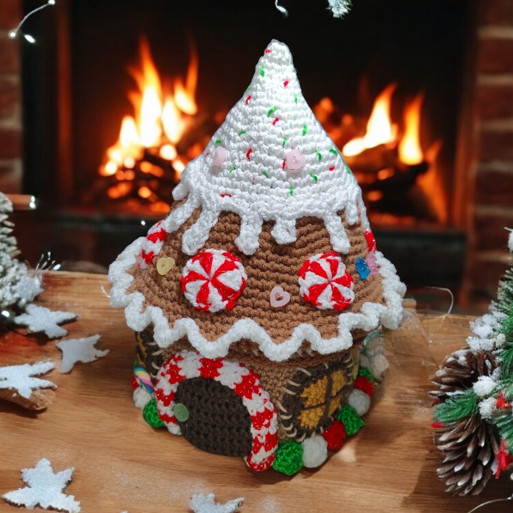 Handmade Crochet Giant Gingerbread Gnome House Basket - Picture 6 of 13
